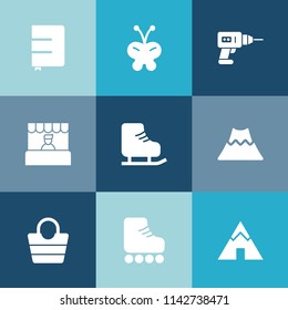 Modern, simple vector icon set on colorful blue backgrounds with grocery, notebook, style, tent, crater, work, blue, landscape, mountain, beautiful, nature, leisure, insect, business, equipment icons