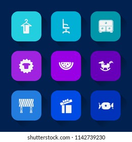Modern, simple vector icon set on colorful long shadow backgrounds with chair, armchair, toy, sweet, comfortable, drawer, holiday, fruit, fashion, celebration, vegetarian, shirt, road, traffic icons.