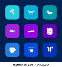 Modern, simple vector icon set on colorful long shadow backgrounds with food, seafood, bird, nature, meat, audio, poker, notification, teapot, light, wildlife, flashlight, book, message, sign icons.