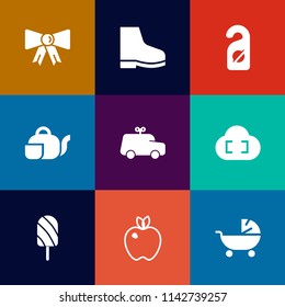 Modern, simple vector icon set on colorful flat backgrounds with elegance, child, hotel, accessory, service, tie, stroller, footwear, drink, traditional, tea, silhouette, fashion, japanese, room icons