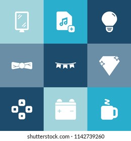 Modern, simple vector icon set on colorful blue backgrounds with document, game, battery, fun, full, web, clothing, electricity, cup, traffic, light, computer, technology, energy, idea icons
