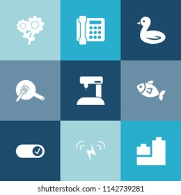 Modern, simple vector icon set on colorful blue backgrounds with nature, animal, water, telephone, energy, bird, blossom, internet, sew, spring, wildlife, sun, kitchen, white, flight, call, fish icons