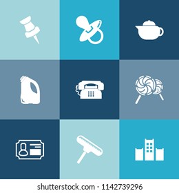 Modern, simple vector icon set on colorful blue backgrounds with sweet, breakfast, beverage, vacation, drink, paint, candy, pot, hot, hotel, infant, soother, marker, phone, tea, little, roller icons