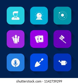 Modern, simple vector icon set on colorful long shadow backgrounds with solar, record, health, brush, voice, galaxy, construction, system, strategy, space, fantasy, sorcery, magic, plant, sign icons.