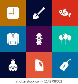 Modern, simple vector icon set on colorful flat backgrounds with seafood, equipment, safety, fly, decoration, sign, transportation, shirt, jacket, white, yellow, green, fresh, fish, red icons