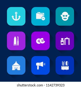 Modern, simple vector icon set on colorful long shadow backgrounds with scan, space, creature, extraterrestrial, alien, tent, business, food, document, ufo, tooth, anchor, snack, restaurant icons.