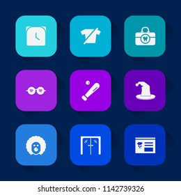 Modern, simple vector icon set on colorful long shadow backgrounds with hour, sport, league, holiday, clock, character, sunglasses, clothes, care, watch, toothbrush, scary, menu, glass, summer icons.