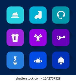 Modern, simple vector icon set on colorful long shadow backgrounds with skate, hat, style, game, sound, audio, head, team, cooler, key, speaker, nature, green, call, basketball, home, globe icons.