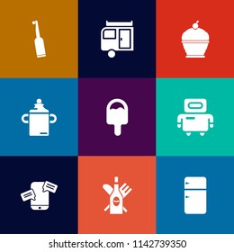 Modern, simple vector icon set on colorful flat backgrounds with transport, communication, drink, bakery, pastry, hygiene, electric, tooth, nature, toothbrush, bottle, chat, icecream, cake, wine icons