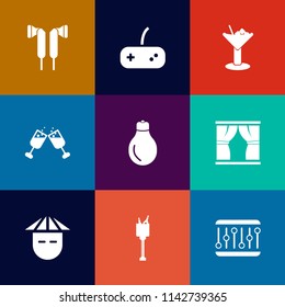 Modern, simple vector icon set on colorful flat backgrounds with young, red, technology, japanese, energy, idea, curtain, asian, bulb, white, bar, electricity, play, ice, controller, bucket icons