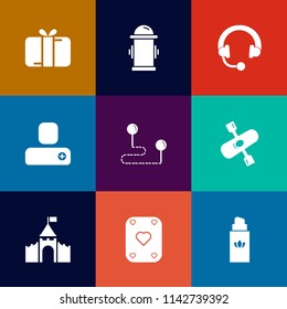 Modern, simple vector icon set on colorful flat backgrounds with building, sound, equipment, present, person, bow, map, box, kayak, audio, castle, point, fire, department, headphone, christmas icons