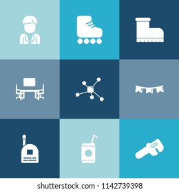 Modern, simple vector icon set on colorful blue backgrounds with shoe, young, roller, skate, fun, liquid, beverage, boot, fashion, celebration, communication, business, leisure, holiday, skating icons