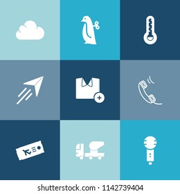 Modern, simple vector icon set on colorful blue backgrounds with microphone, cement, voice, airplane, cold, temperature, plane, fashion, toy, shirt, technology, sign, children, travel, child icons