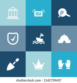 Modern, simple vector icon set on colorful blue backgrounds with outdoor, queen, kitchen, tool, camp, royal, water, glove, web, shovel, construction, adventure, tent, secure, view, money, blue icons