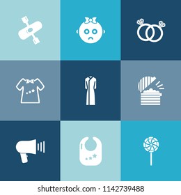 Modern, simple vector icon set on colorful blue backgrounds with gift, dress, face, sea, canoe, food, jewelry, coffee, candy, kayak, restaurant, lake, communication, wedding, engagement, toy icons