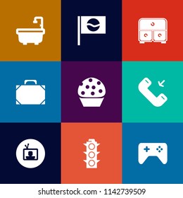 Modern, simple vector icon set on colorful flat backgrounds with landmark, japanese, white, cake, screen, japan, green, food, joystick, bag, play, object, background, game, lamp, office, travel icons