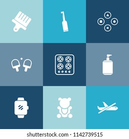 Modern, simple vector icon set on colorful blue backgrounds with bear, sport, hygiene, cute, travel, toothbrush, paint, watch, gadget, gaming, cook, ball, tennis, clean, brush, paintbrush, play icons