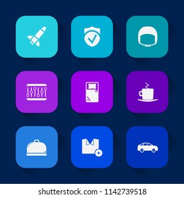 Modern, simple vector icon set on colorful long shadow backgrounds with building, industrial, left, worker, service, security, cappuccino, belt, music, concept, equality, coffee, shirt, helmet icons.