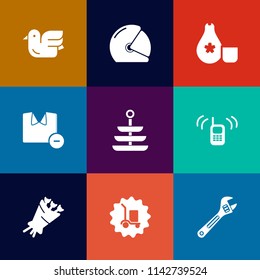 Modern, simple vector icon set on colorful flat backgrounds with sake, cuisine, call, clothes, flight, telephone, ringing, animal, phone, food, communication, sky, motorcycle, bouquet, motor icons