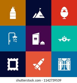 Modern, simple vector icon set on colorful flat backgrounds with spring, travel, holiday, water, light, curtain, traditional, white, airplane, photo, colorful, silhouette, mountain, interior icons