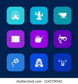 Modern, simple vector icon set on colorful long shadow backgrounds with tourism, cup, bellboy, pillow, coffee, sport, garden, culture, pagoda, call, green, cafe, espresso, summer, hotel, nature icons.