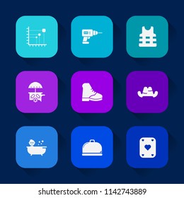 Modern, simple vector icon set on colorful long shadow backgrounds with chart, sea, service, play, vest, van, cap, game, fashion, information, machine, food, child, equipment, jacket, work, kid icons.
