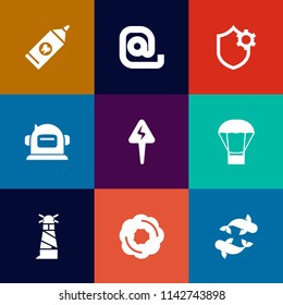 Modern, simple vector icon set on colorful flat backgrounds with energy, health, computer, tooth, dental, security, dessert, sea, toothpaste, email, white, astronaut, fish, care, food, mail, hot icons