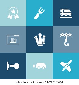 Modern, simple vector icon set on colorful blue backgrounds with food, competition, game, rocket, sign, baby, van, winner, dinner, chess, kitchen, fork, security, vehicle, champion, website, win icons