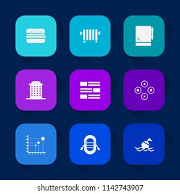 Modern, simple vector icon set on colorful long shadow backgrounds with life, house, travel, buoy, office, sign, help, notepad, news, heat, urban, food, internet, hamburger, energy, hot, home icons.