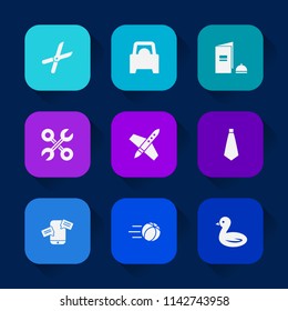 Modern, simple vector icon set on colorful long shadow backgrounds with sky, brochure, animal, shears, metal, garden, wildlife, chat, reparation, repair, soccer, tie, cut, work, phone, sign icons.
