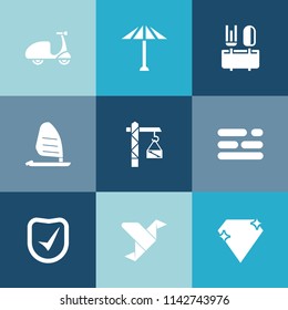 Modern, simple vector icon set on colorful blue backgrounds with table, colorful, oriental, fork, mountain, spoon, jewel, culture, menu, japanese, activity, dinner, gem, ocean, template, asian icons