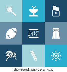 Modern, simple vector icon set on colorful blue backgrounds with fashion, wheel, stadium, brown, lollipop, find, white, dessert, statue, landmark, chocolate, game, zoom, dark, magnifying, candy icons