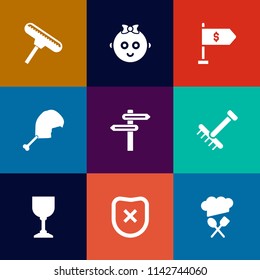 Modern, simple vector icon set on colorful flat backgrounds with tool, banner, child, childhood, restaurant, banking, girl, bird, paint, people, glass, business, direction, boy, kid, cute, bank icons