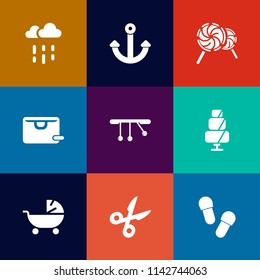 Modern, simple vector icon set on colorful flat backgrounds with striped, object, sale, doughnut, weather, candy, stroller, dessert, stick, , food, raindrop, bag, gift, rainy, cut, store, kid icons