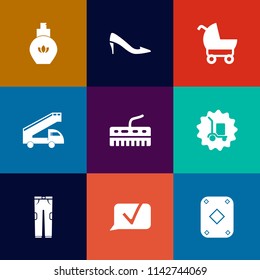 Modern, simple vector icon set on colorful flat backgrounds with stroller, chat, buggy, truck, game, cargo, perambulator, family, aroma, music, fashion, sign, play, heel, keyboard, delivery, kid icons