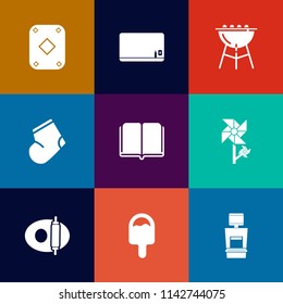 Modern, simple vector icon set on colorful flat backgrounds with flower, scan, nature, board, blossom, texture, gambling, education, white, chalk, literature, book, socks, pan, space, grilled icons