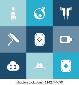 Modern, simple vector icon set on colorful blue backgrounds with color, earth, brush, world, tourism, plane, sign, doughnut, hat, food, cookie, fly, cloud, poker, sheriff, game, painter, globe icons