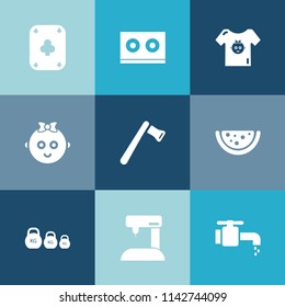 Modern, simple vector icon set on colorful blue backgrounds with axe, hammer, black, play, sew, little, watermelon, childhood, kid, equipment, gambling, boy, water, fashion, vintage, media, food icons