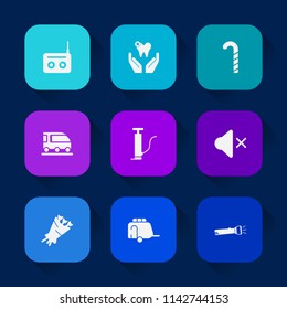 Modern, simple vector icon set on colorful long shadow backgrounds with white, blossom, van, beautiful, flower, volume, transportation, equipment, lollipop, transport, vehicle, colorful, media icons.