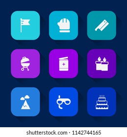 Modern, simple vector icon set on colorful long shadow backgrounds with clothing, season, sky, meat, warm, barbecue, hat, mittens, america, nation, blue, pie, grill, medical, flame, wax, mask icons.