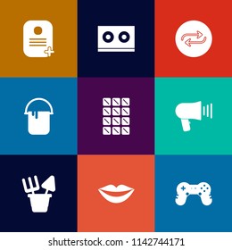 Modern, simple vector icon set on colorful flat backgrounds with white, retro, sand, identity, female, media, music, id, speaker, house, color, sweet, background, teeth, bar, casette, megaphone icons