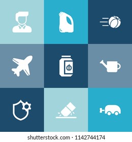 Modern, simple vector icon set on colorful blue backgrounds with game, glass, ball, aviation, goal, jam, casual, plane, soccer, sign, player, food, boy, equipment, people, carriage, aircraft icons