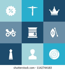 Modern, simple vector icon set on colorful blue backgrounds with dirt, piece, home, road, tire, price, game, chess, extreme, bike, queen, king, car, curtain, kayak, water, automobile, room, auto icons