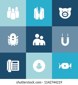 Modern, simple vector icon set on colorful blue backgrounds with piggy, lollipop, animal, swine, man, avatar, hog, space, person, phone, sport, speed, competition, tie, graphic, energy, pig, ufo icons