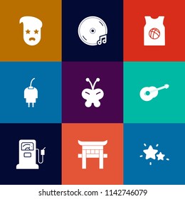 Modern, simple vector icon set on colorful flat backgrounds with white, fashion, team, music, star, insect, guitar, note, gasoline, sound, nature, hipster, station, graphic, pump, torii, musical icons