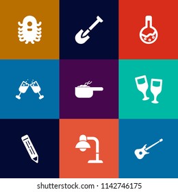 Modern, simple vector icon set on colorful flat backgrounds with dinner, food, white, medical, ufo, alcohol, extraterrestrial, red, pot, decoration, pen, laboratory, character, technology, wine icons