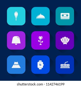 Modern, simple vector icon set on colorful long shadow backgrounds with seashell, volcano, gadget, spring, shell, city, sound, dish, keyboard, lamppost, restaurant, lava, vintage, lantern, sea icons.
