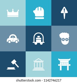 Modern, simple vector icon set on colorful blue backgrounds with banking, clothing, automobile, scarf, baggage, mark, transportation, sign, vehicle, japanese, exclamation, crown, hat, hotel, law icons