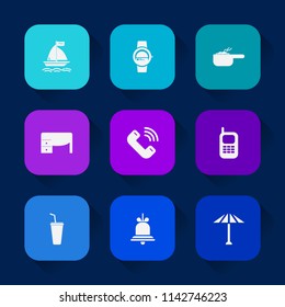 Modern, simple vector icon set on colorful long shadow backgrounds with office, wagasa, culture, work, smart, surfing, watch, healthy, business, old, device, sign, extreme, cold, umbrella, call icons.