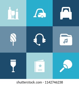 Modern, simple vector icon set on colorful blue backgrounds with stick, ping, transportation, red, sign, sound, home, domestic, vine, automotive, favorite, food, summer, car, file, household icons